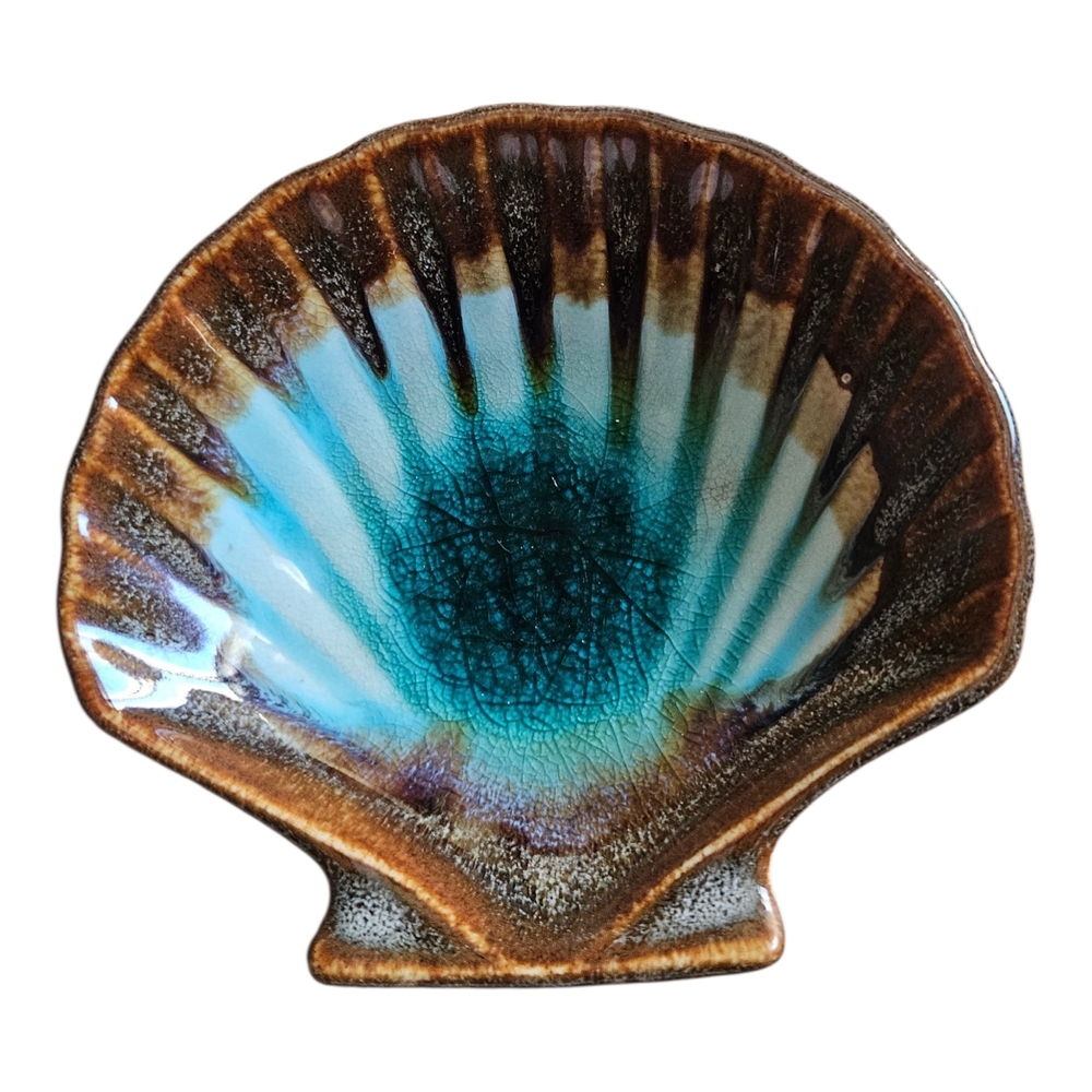 Vintage Coastal Seashell Trinket Dish 4.5 Brown Aqua Ceramic Decor ms93